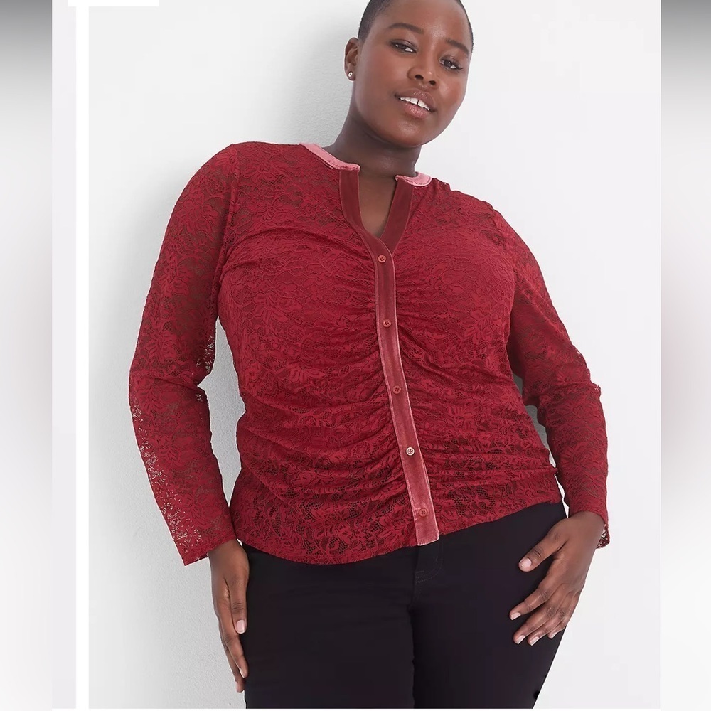 Lane Bryant Fitted Button-Front Ruched Sheer Lace Shirt Size 22